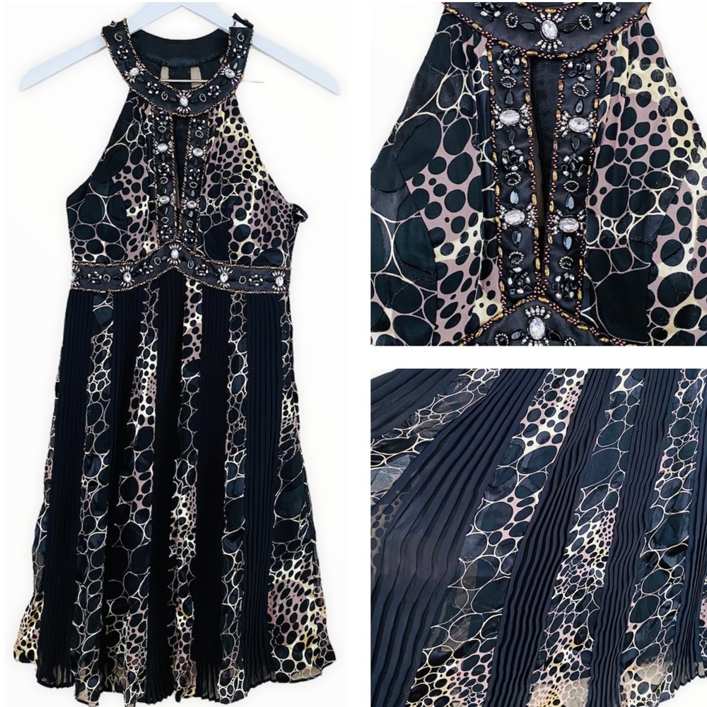 Sue Wong‎ Black Dress Beaded Halter Pleated Cocktail Dress Size 0
